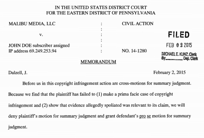 "Before us in this copyright infringement action are cross- motions for summary judgment. Because we find that the  plaintiff has failed to (1) make a prima facie case of copyright  infringement and (2) show that evidence allegedly spoliated  was relevant to its claim, we will deny plaintiff's motion for  summary judgment and grant defendant's pro se motion for  summary judgment."